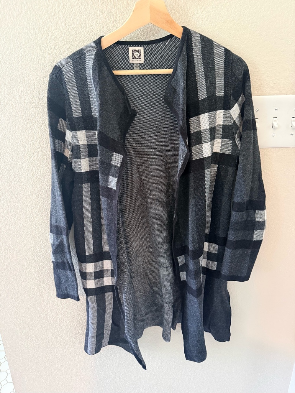 Anne Klein Gray Plaid Open-Front Cardigan